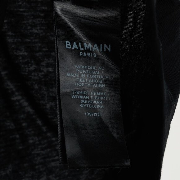 Balmain Black Cotton Cropped Velvet-Logo-Print T-Shirt - Picture 7 of 9